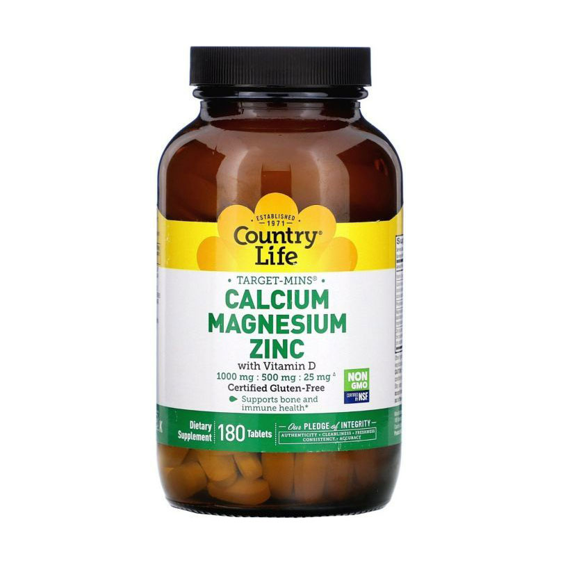 Вітамінно-мінеральний комплекс Country Life Calcium Magnesium Zinc with Vitamin D, 180 таблеток